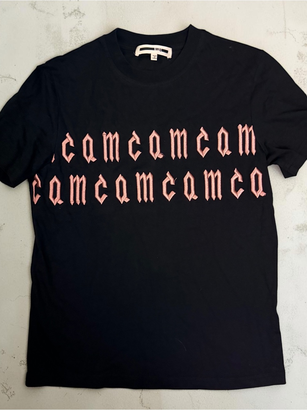 McQ by Alexander McQueen Black Tee with Pink Gothic Logo